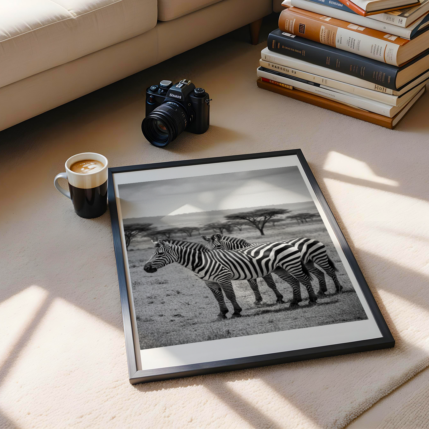 ästhetisches poster von Zebras, schwarz weiß poster, minimalistisches poster, afrikanische Landschaft, Wildnis