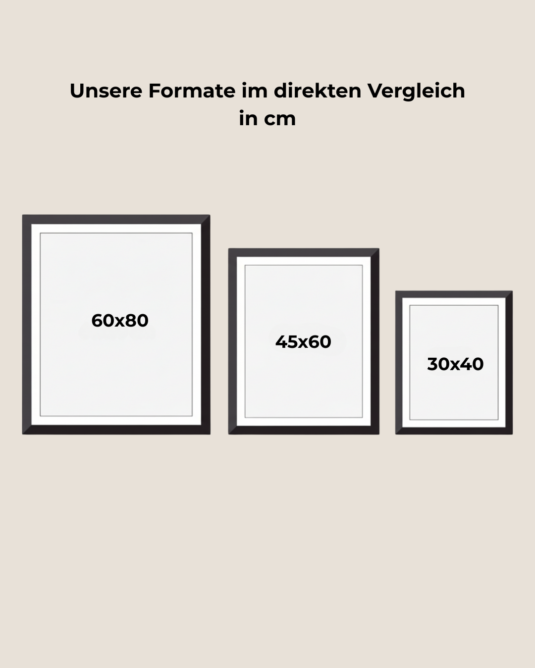 Größenvergleich von Posterformaten 60x80, 45x60 und 30x40 cm für Wandbilder wie 'Towards the Dawn' Feminines Porträt Poster über Entschlossenheit