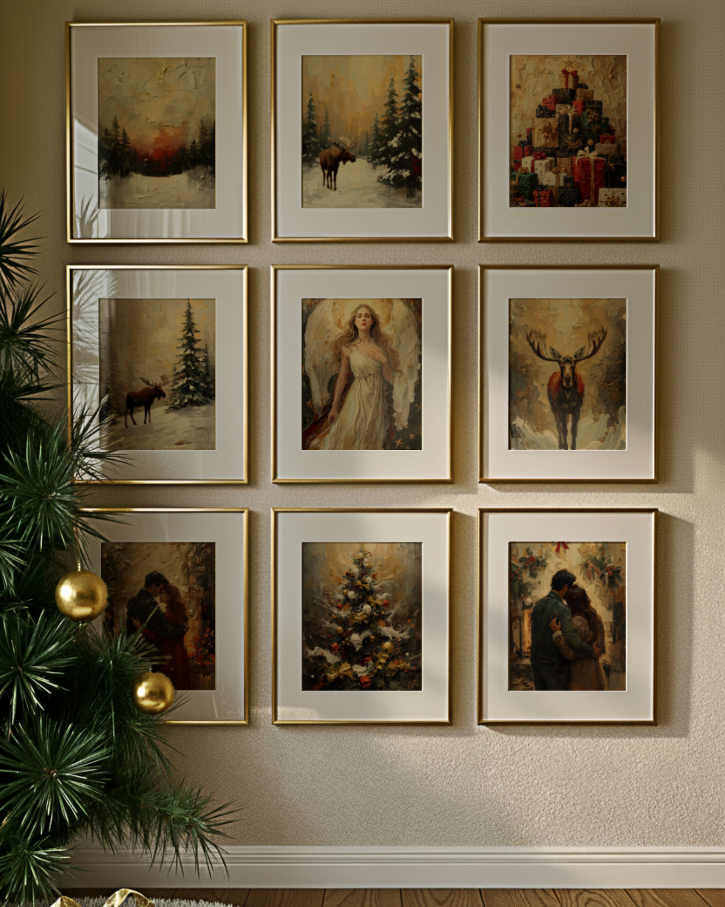 Abstrakte Fine Art Prints – leuchtendes Weihnachtsposter mit goldenen und weißen Lichtakzenten. Himmlische Winter Edition Wandkunst voller Ruhe und Eleganz.
