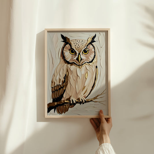 Golden Owl, Eulen Poster, Beige Goldene Wandkunst, Animal Print, Wanddekoration, ungerahmt; Wall Art, Home Decor - Hochwertiges Künstlerpapier, seidenmatt