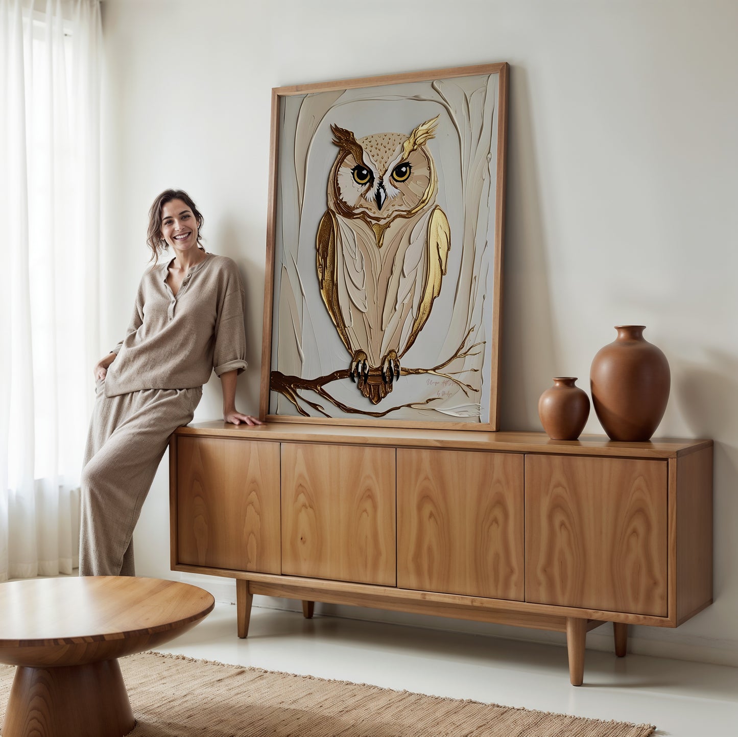 Golden Owl, Eulen Poster, Beige Goldene Wandkunst, Animal Print, Wanddekoration, ungerahmt; Wall Art, Home Decor - Hochwertiges Künstlerpapier, seidenmatt