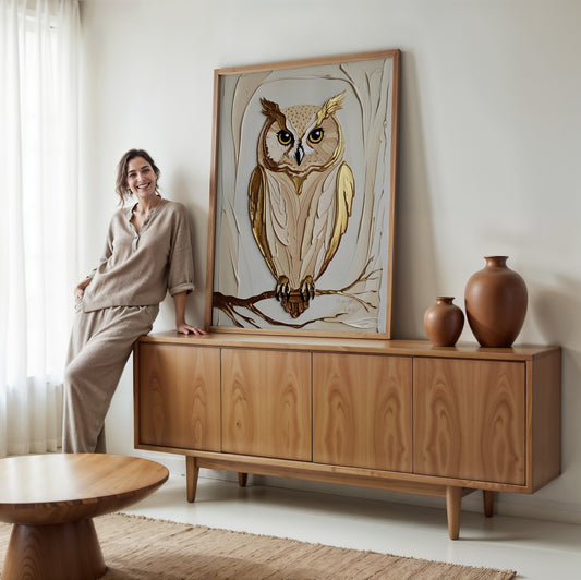 Golden Owl, Eulen Poster, Beige Goldene Wandkunst, Animal Print, Wanddekoration, ungerahmt; Wall Art, Home Decor - Hochwertiges Künstlerpapier, seidenmatt