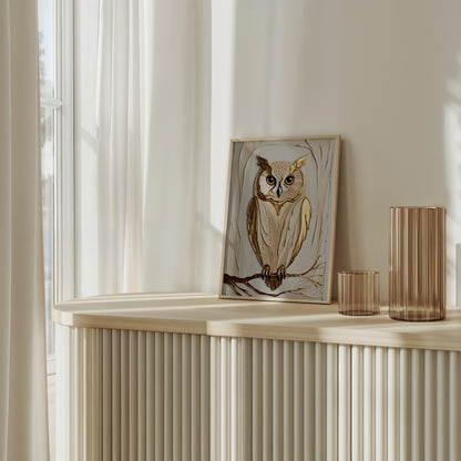 Golden Owl, Eulen Poster, Beige Goldene Wandkunst, Animal Print, Wanddekoration, ungerahmt; Wall Art, Home Decor - Hochwertiges Künstlerpapier, seidenmatt