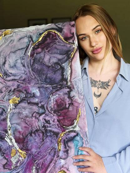 Purple Love, dreidimensionale Acrylmalerei auf Leinwand, 80x80 cm, ungerahmt