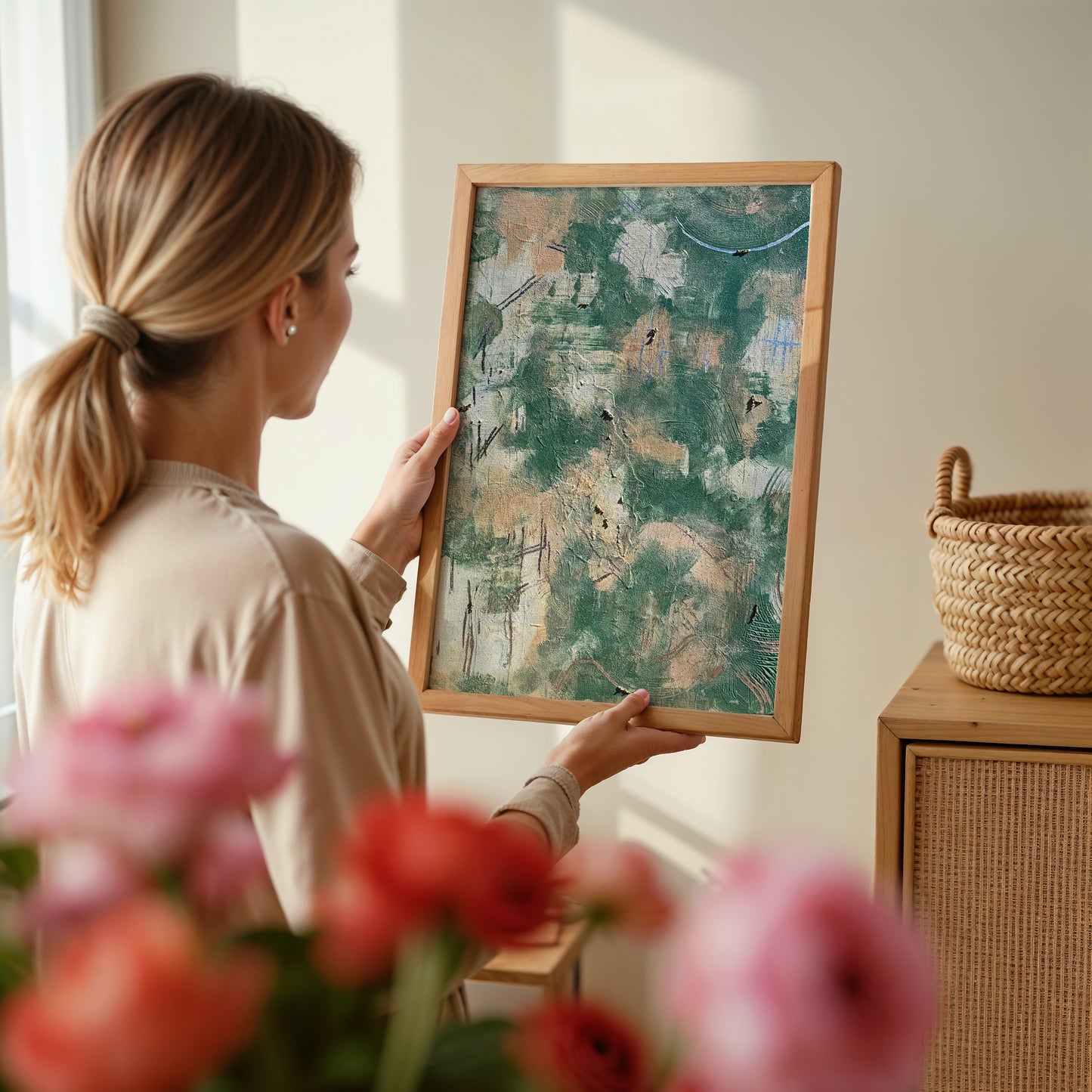 'Green in Harmony' Poster, Grün Beige Silberne Wandkunst, Elegante Wanddeko, Abstrakte Kunst - Hochwertiges Künstlerpapier, seidenmatt