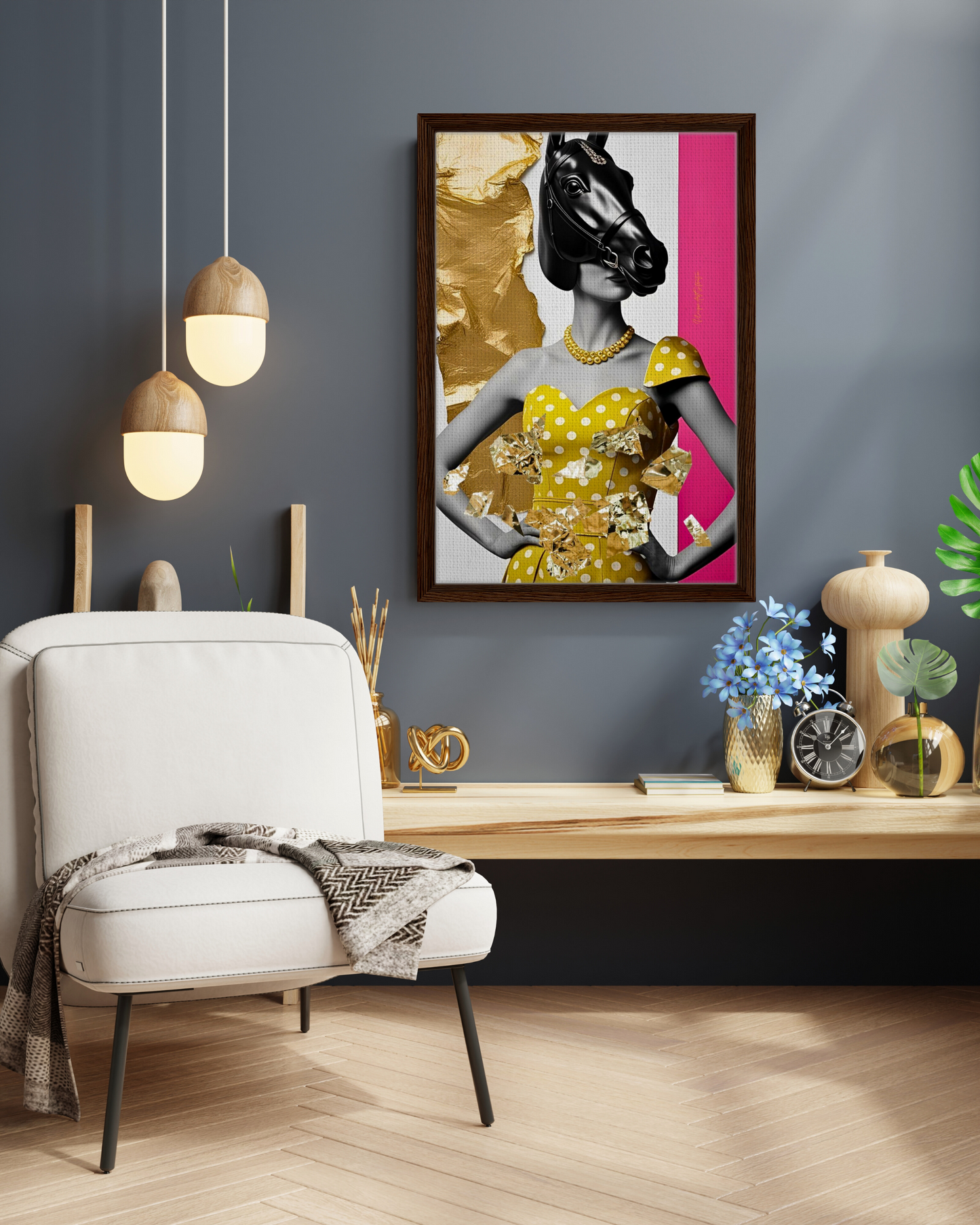 Italian Horse Lady - Extravagante gerahmte Leinwand, Holzrahmen, Luxury Decor, Framed Canva, Italian Design, Trendy Wall Art