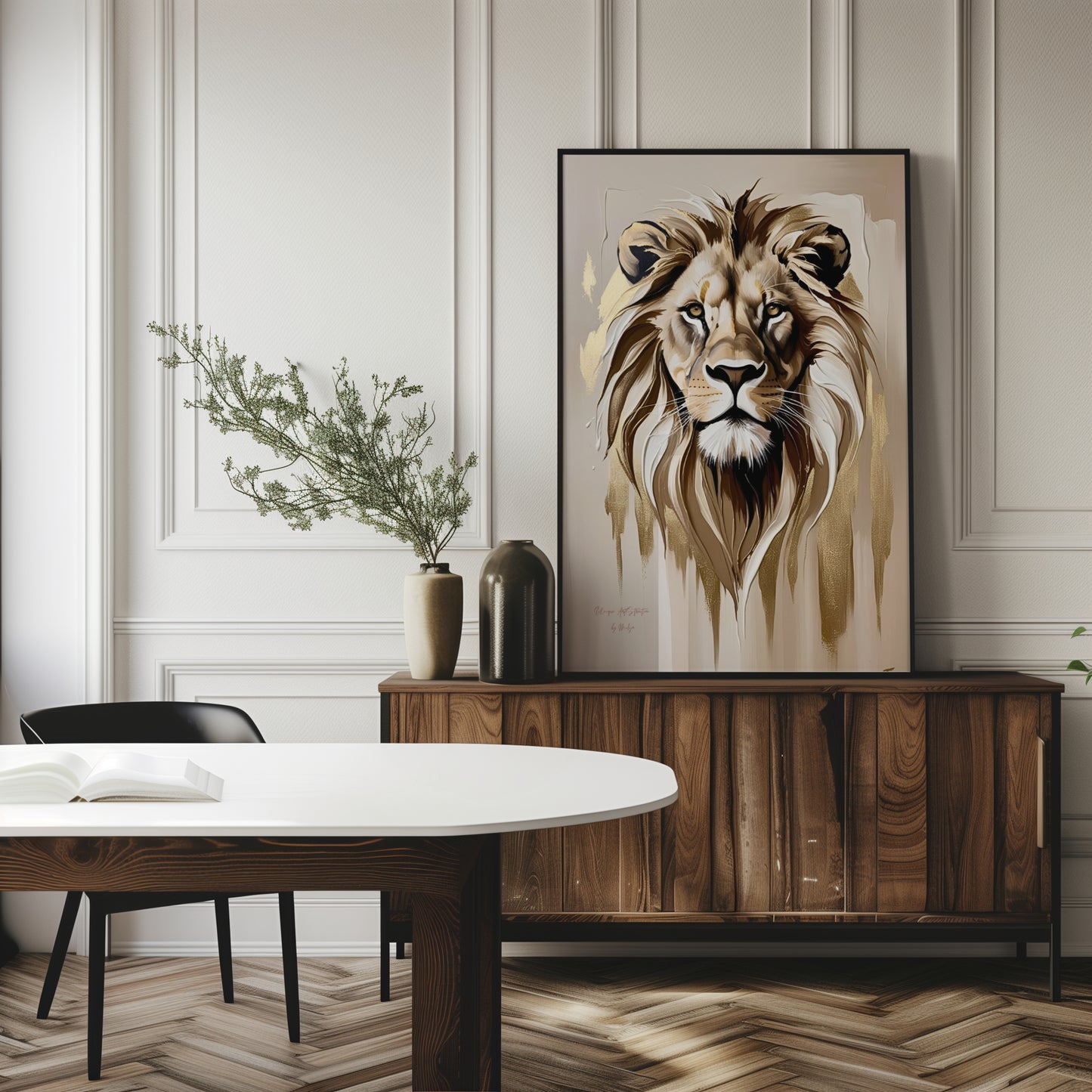 Golden Lion, Löwen Poster, Beige Goldene Wandkunst, Animal Print, Wanddekoration, ungerahmt; Wall Art, Home Decor - Hochwertiges Künstlerpapier, seidenmatt