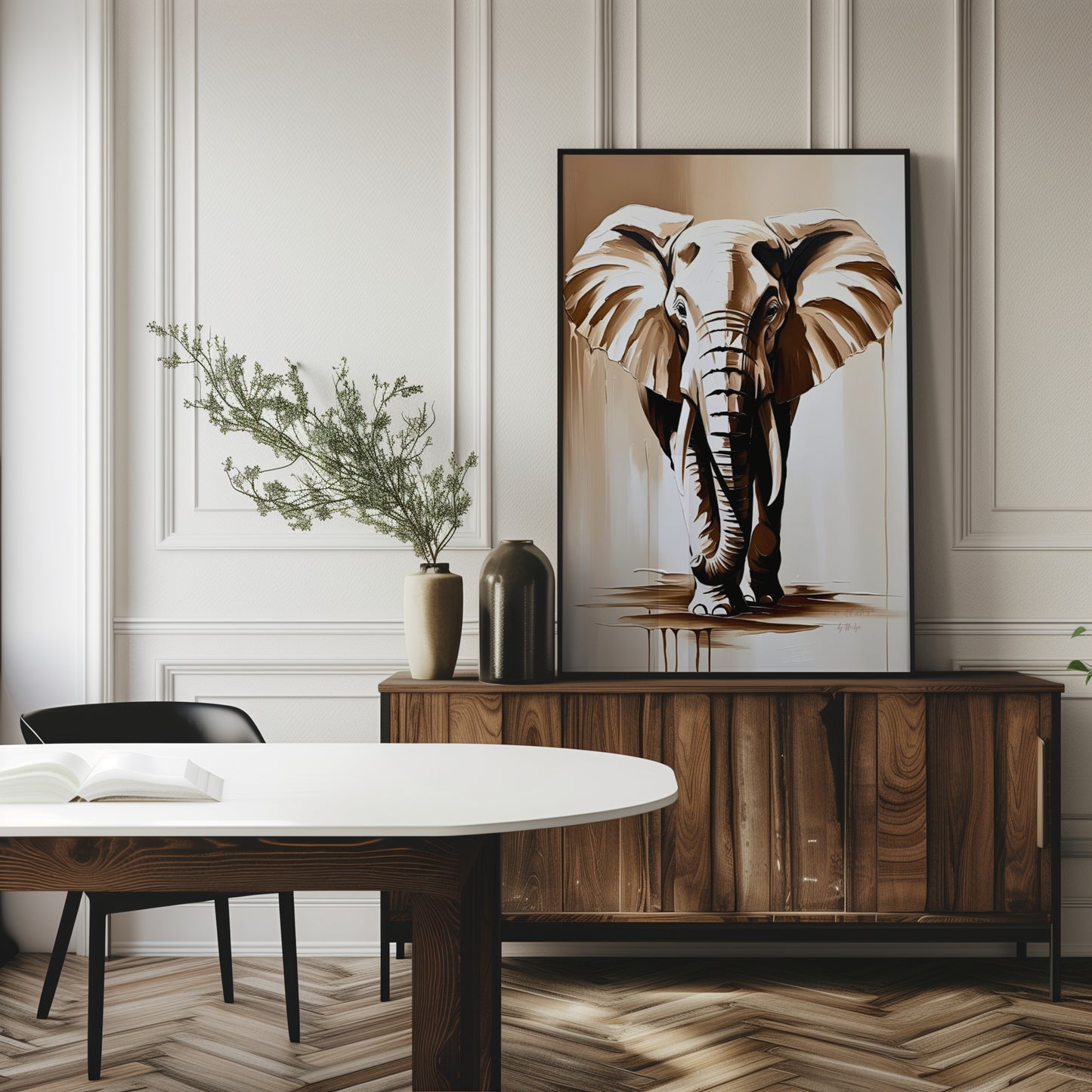 Wise Elephant, Elefanten Poster, Beige Goldene Wandkunst, Animal Print, Wanddekoration, ungerahmt; Wall Art, Home Decor - Hochwertiges Künstlerpapier, seidenmatt