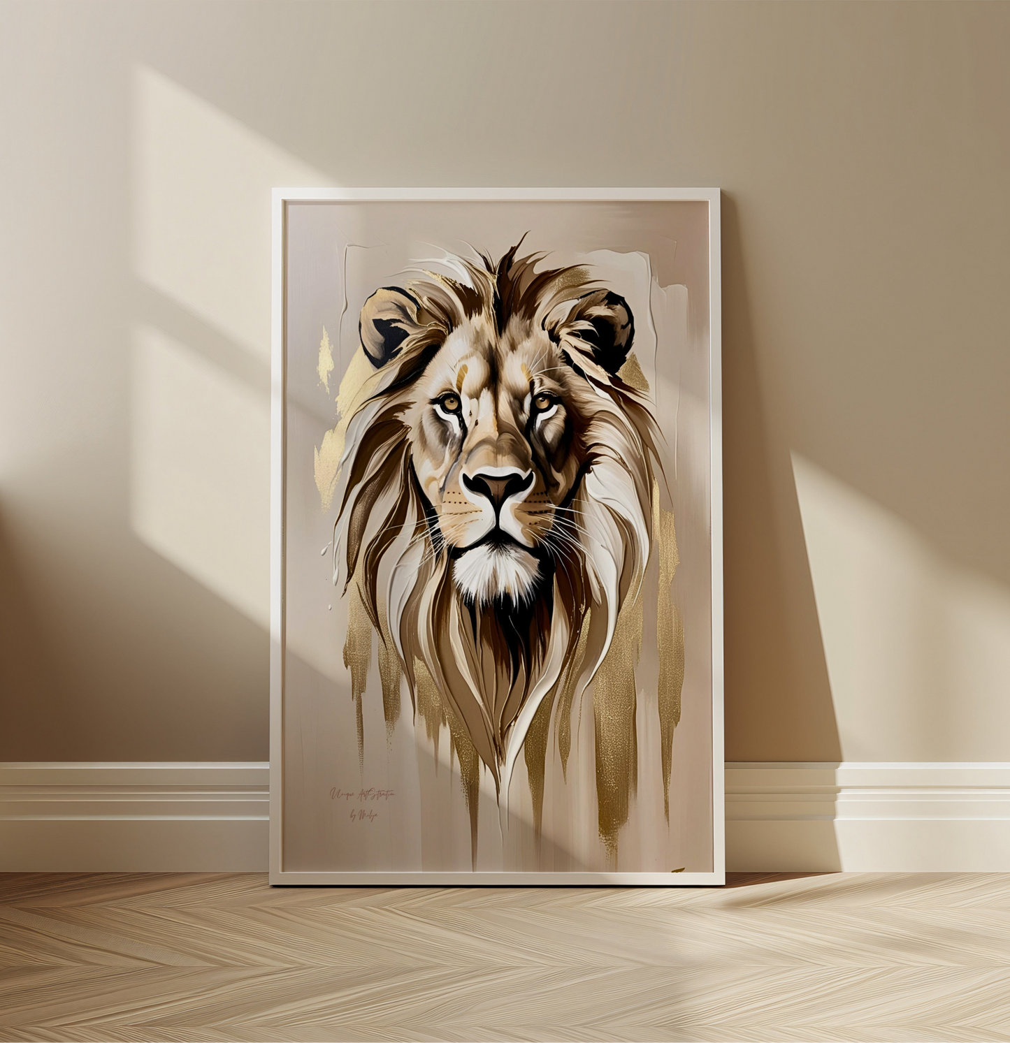 Golden Lion, Löwen Poster, Beige Goldene Wandkunst, Animal Print, Wanddekoration, ungerahmt; Wall Art, Home Decor - Hochwertiges Künstlerpapier, seidenmatt