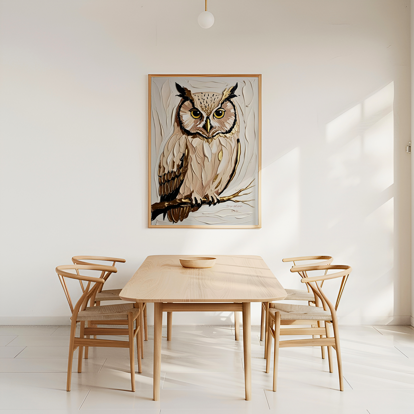 Golden Owl, Eulen Poster, Beige Goldene Wandkunst, Animal Print, Wanddekoration, ungerahmt; Wall Art, Home Decor - Hochwertiges Künstlerpapier, seidenmatt