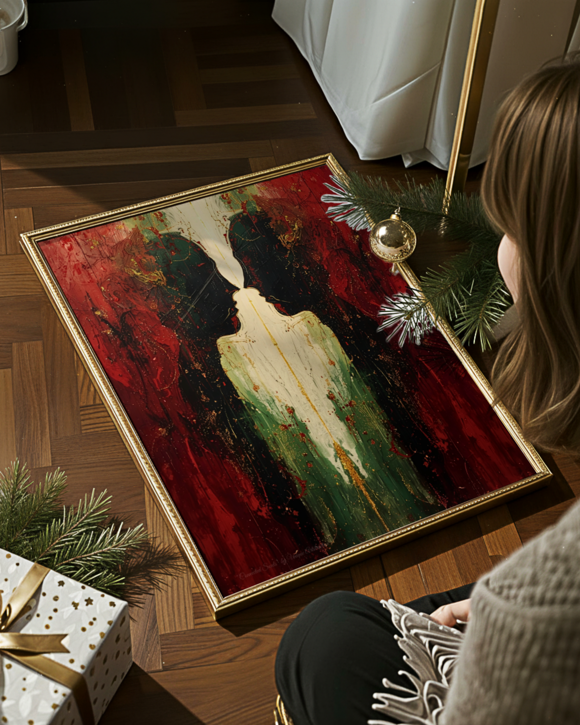 Abstrakte Weihnachtskunst von Unique ArtStraction – Verbindung, Wärme und Achtsamkeit in modernen Farbtönen interpretiert. Edles Poster, Weihnachten, Geschenk, Winter, Rot goldenes Poster, ungerahmt, Familie und Liebe