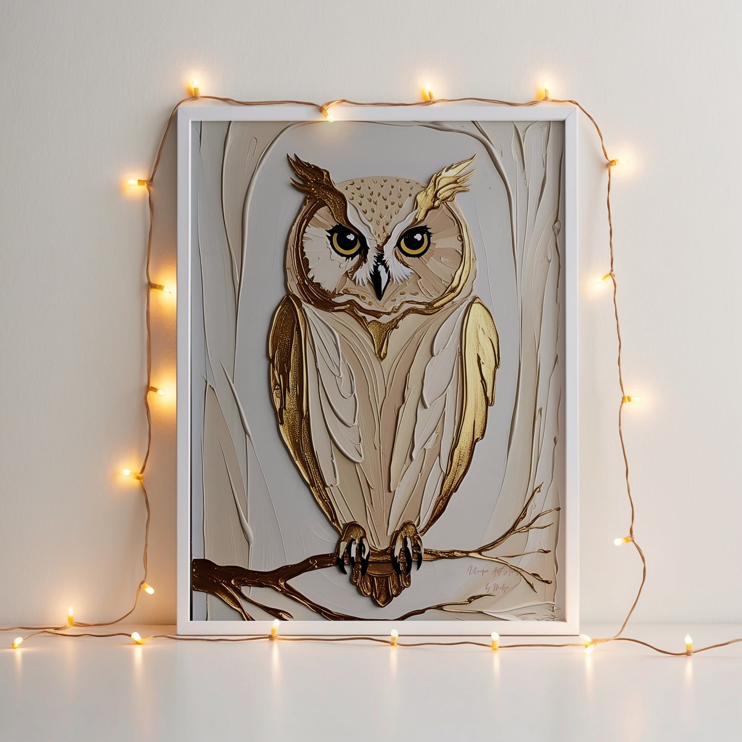 Golden Owl, Eulen Poster, Beige Goldene Wandkunst, Animal Print, Wanddekoration, ungerahmt; Wall Art, Home Decor - Hochwertiges Künstlerpapier, seidenmatt