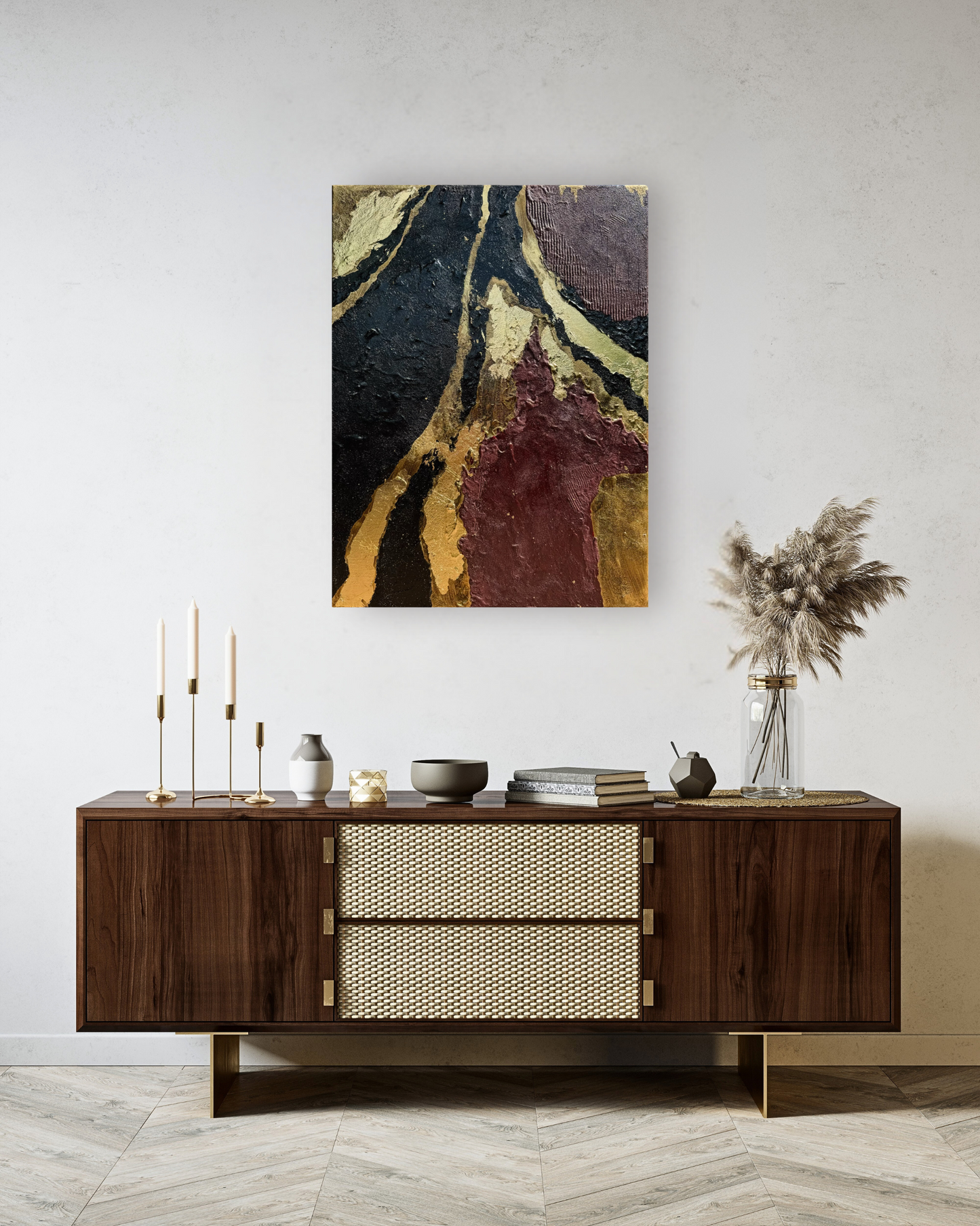 Goldene Tiefe, Abstrakte Acrylmalerei auf Leinwand, 50x70 cm; ungerahmt
