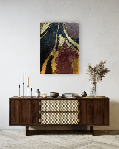 Goldene Tiefe, Abstrakte Acrylmalerei auf Leinwand, 50x70 cm; ungerahmt