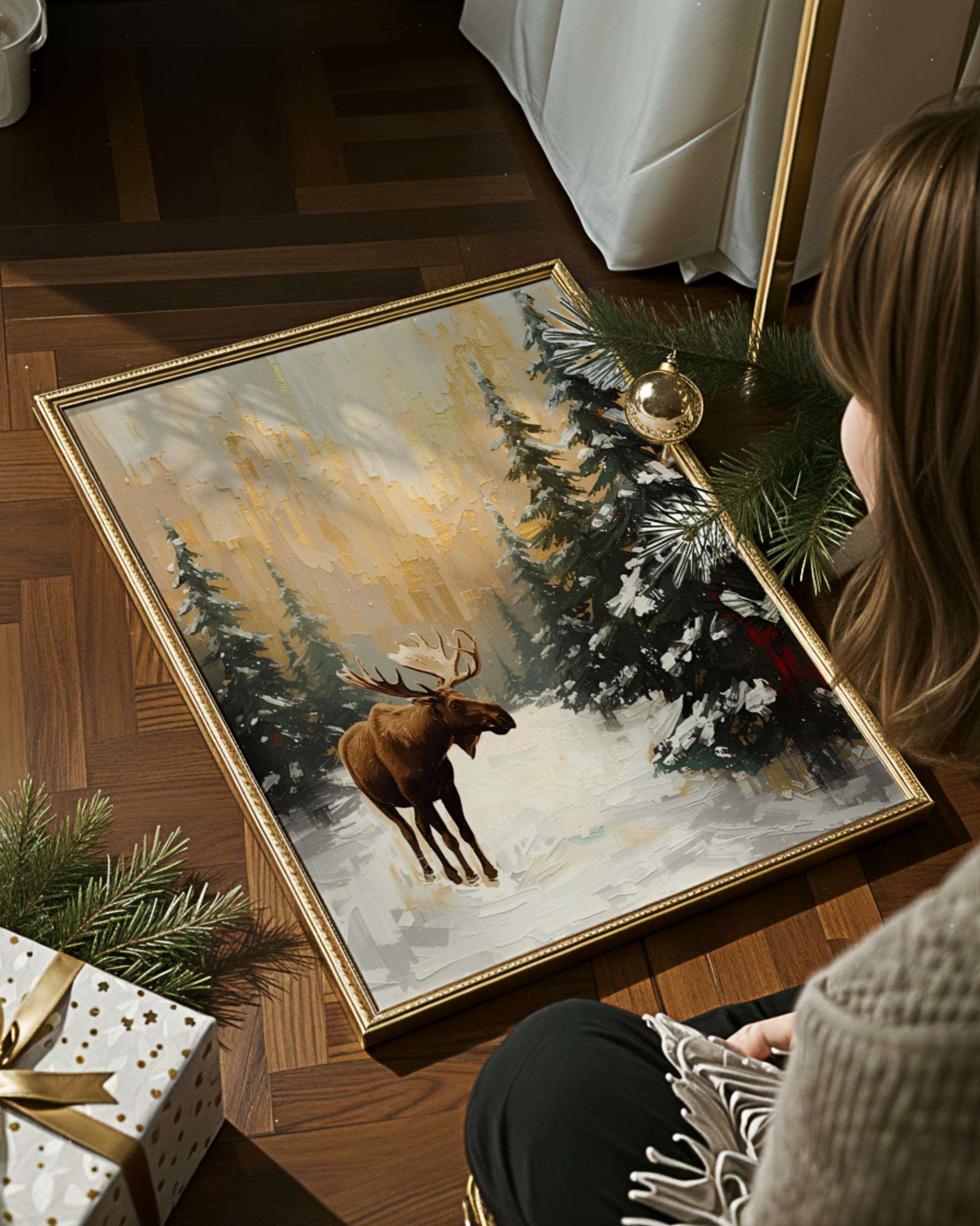 Elegantes Winterposter als Fine Art Print mit abstrakten Rentieren im Schnee. Schöne Weihnachtskunst mit weißer Landschaft – moderne Wanddekoration für die Winterzeit.