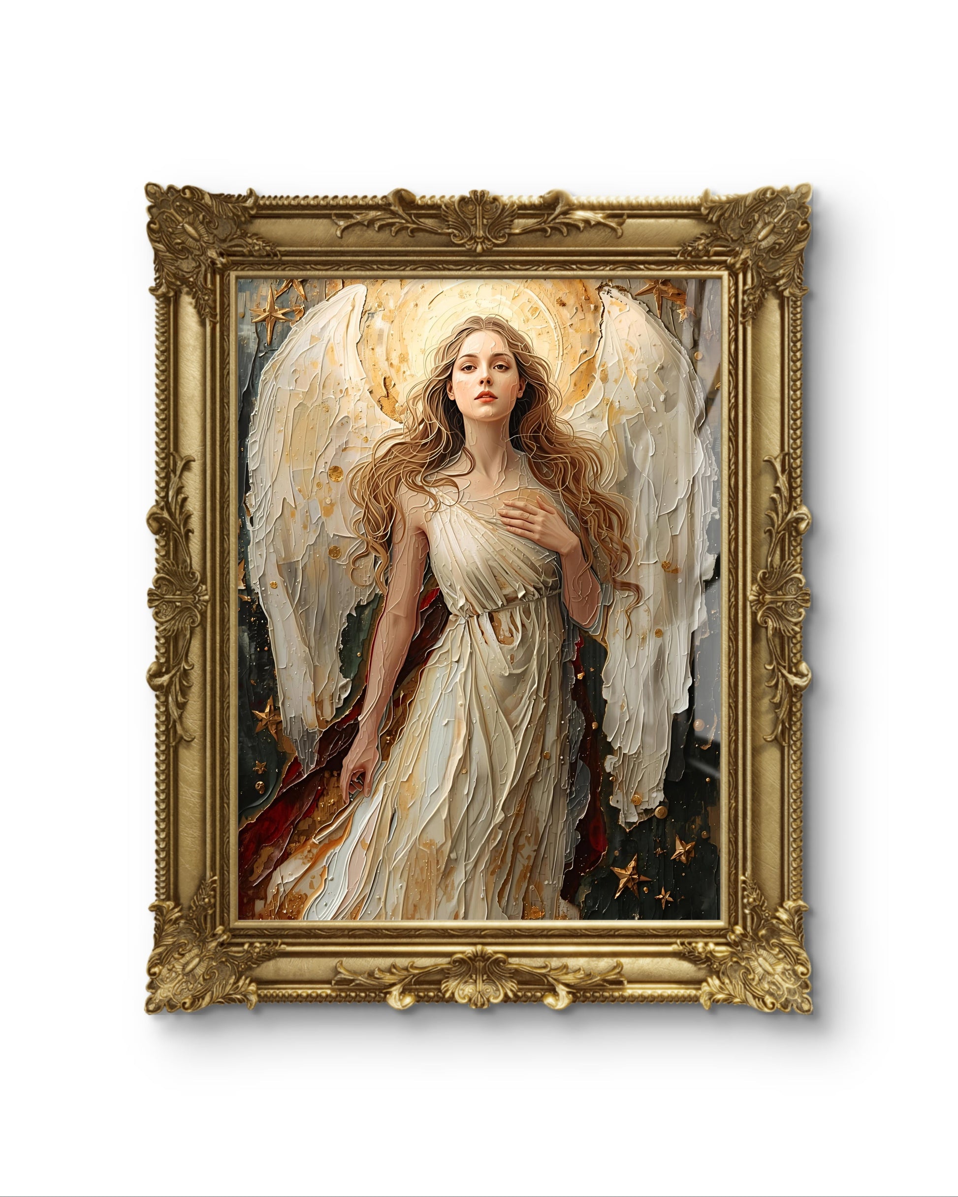 Abstrakter Engel Fine Art Print – leuchtendes Weihnachtsposter mit goldenen und weißen Lichtakzenten. Himmlische Winter Edition Wandkunst voller Ruhe und Eleganz.