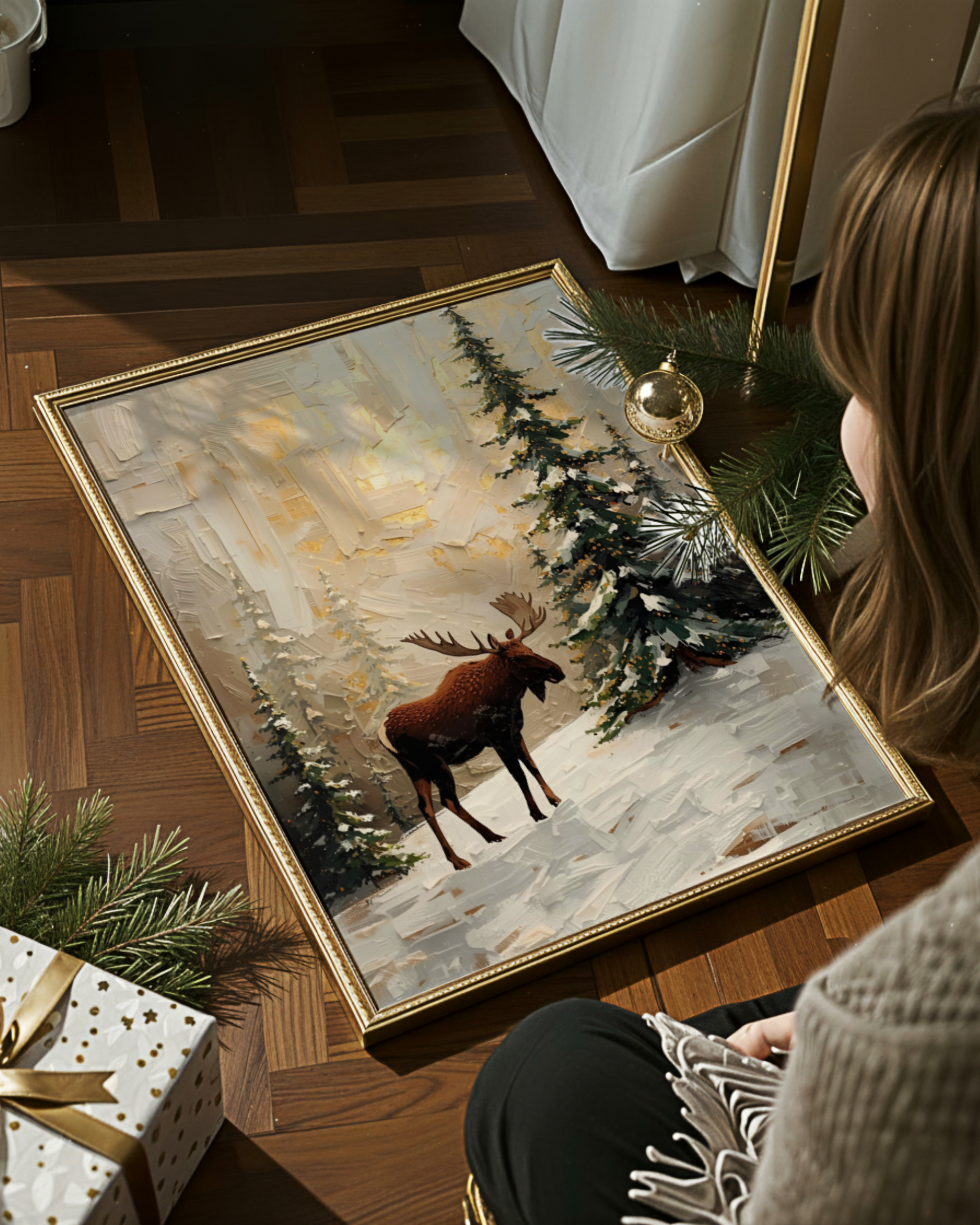 Elegantes Winterposter als Fine Art Print mit abstrakten Rentieren im Schnee. Minimalistische Weihnachtskunst in kühlen Blautönen – moderne Wanddekoration für die Winterzeit.