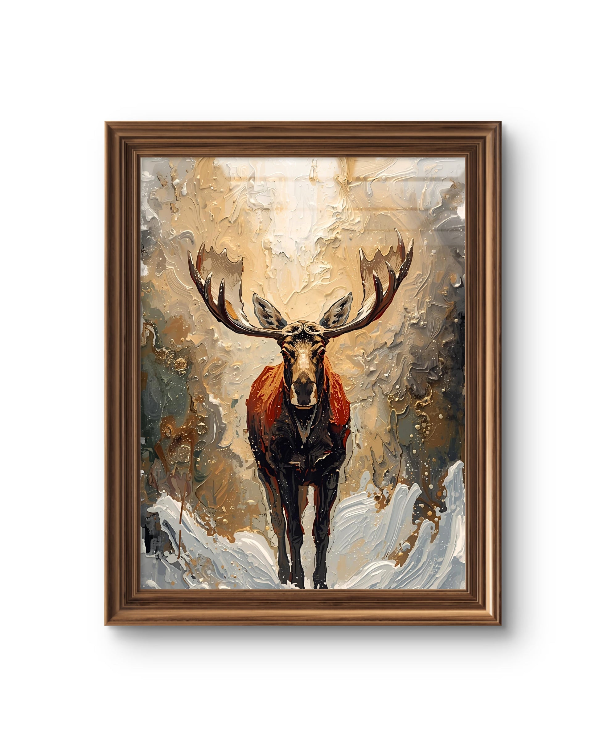 Elegantes Winterposter als Fine Art Print mit abstrakten Rentieren im Schnee. Edle Weihnachtskunst in gold beigen Tönen – moderne Wanddekoration für die Winterzeit.