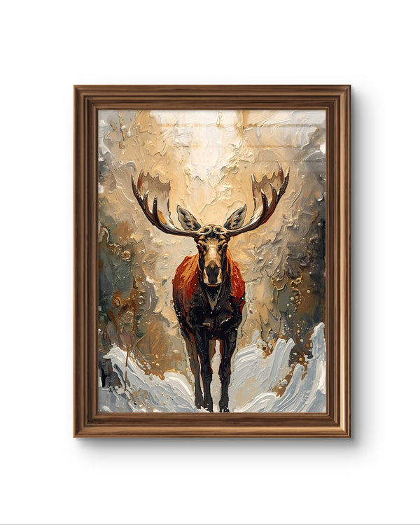 Elegantes Winterposter als Fine Art Print mit abstrakten Rentieren im Schnee. Edle Weihnachtskunst in gold beigen Tönen – moderne Wanddekoration für die Winterzeit.