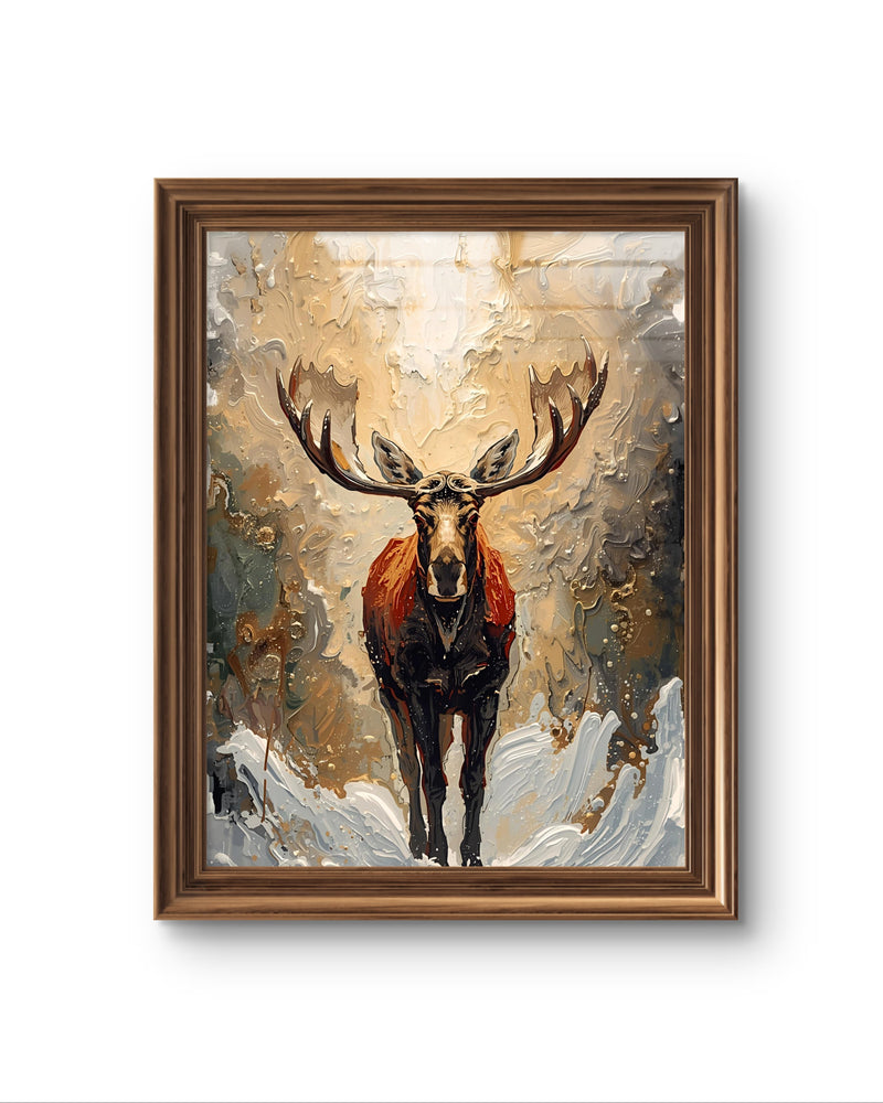 Elegantes Winterposter als Fine Art Print mit abstrakten Rentieren im Schnee. Edle Weihnachtskunst in gold beigen Tönen – moderne Wanddekoration für die Winterzeit.