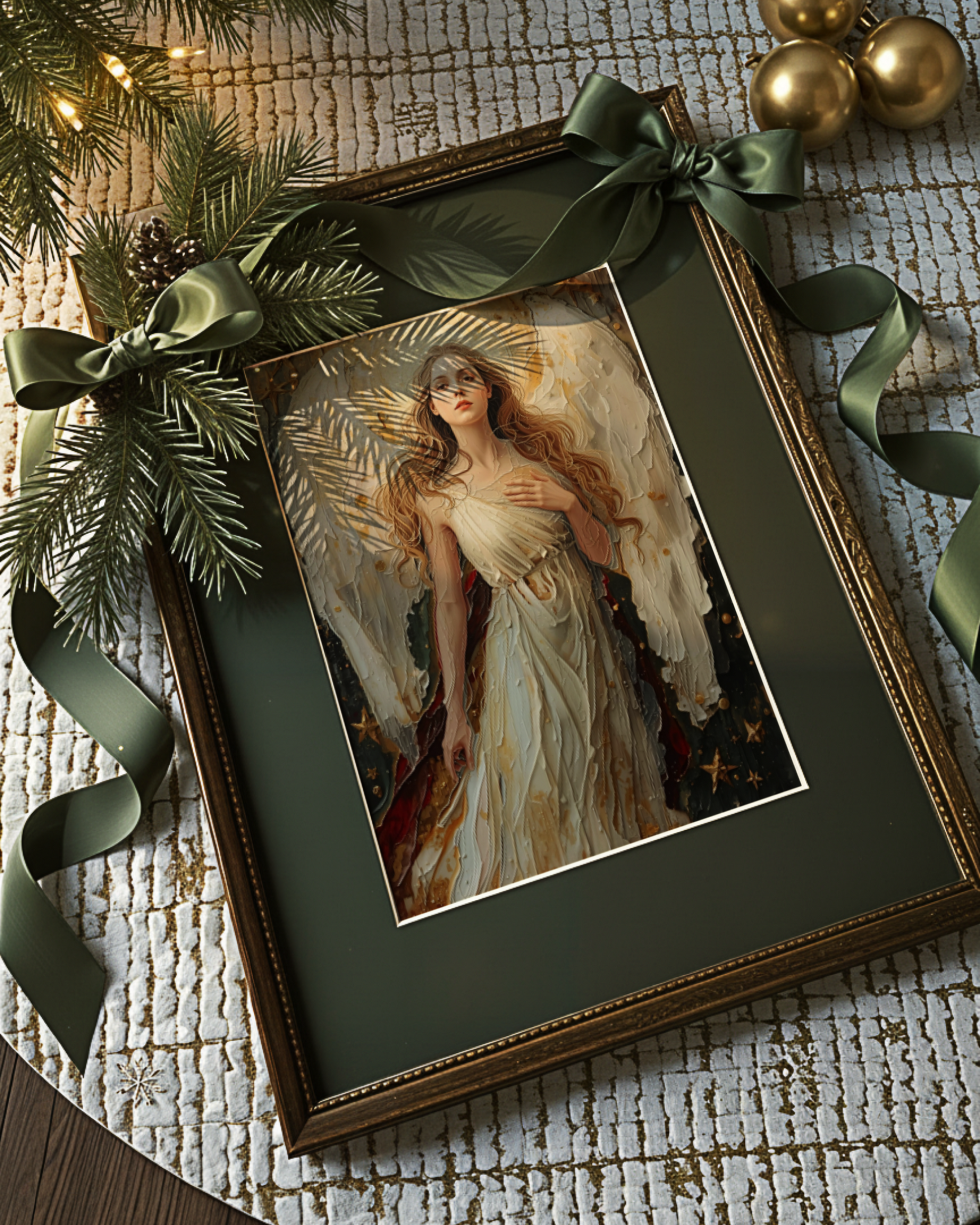 Abstrakter Engel Fine Art Print – leuchtendes Weihnachtsposter mit goldenen und weißen Lichtakzenten. Himmlische Winter Edition Wandkunst voller Ruhe und Eleganz.