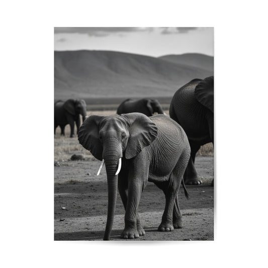 ästhetisches poster eines Elefanten, schwarz weiß poster, minimalistisches poster, afrikanische Landschaft, Wildnis