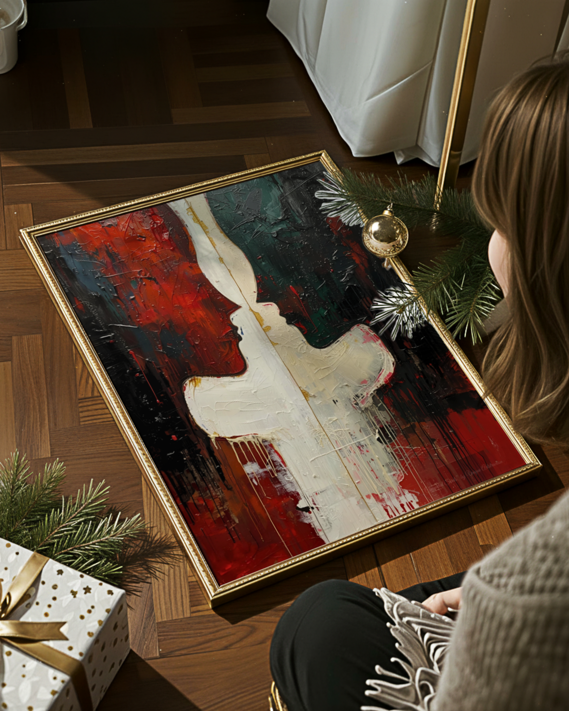 Abstrakte Weihnachtskunst von Unique ArtStraction – Verbindung, Wärme und Achtsamkeit in modernen Farbtönen interpretiert. Weihnachtliche Farben, Familie, Verbundenheit, Geschenk, Liebe