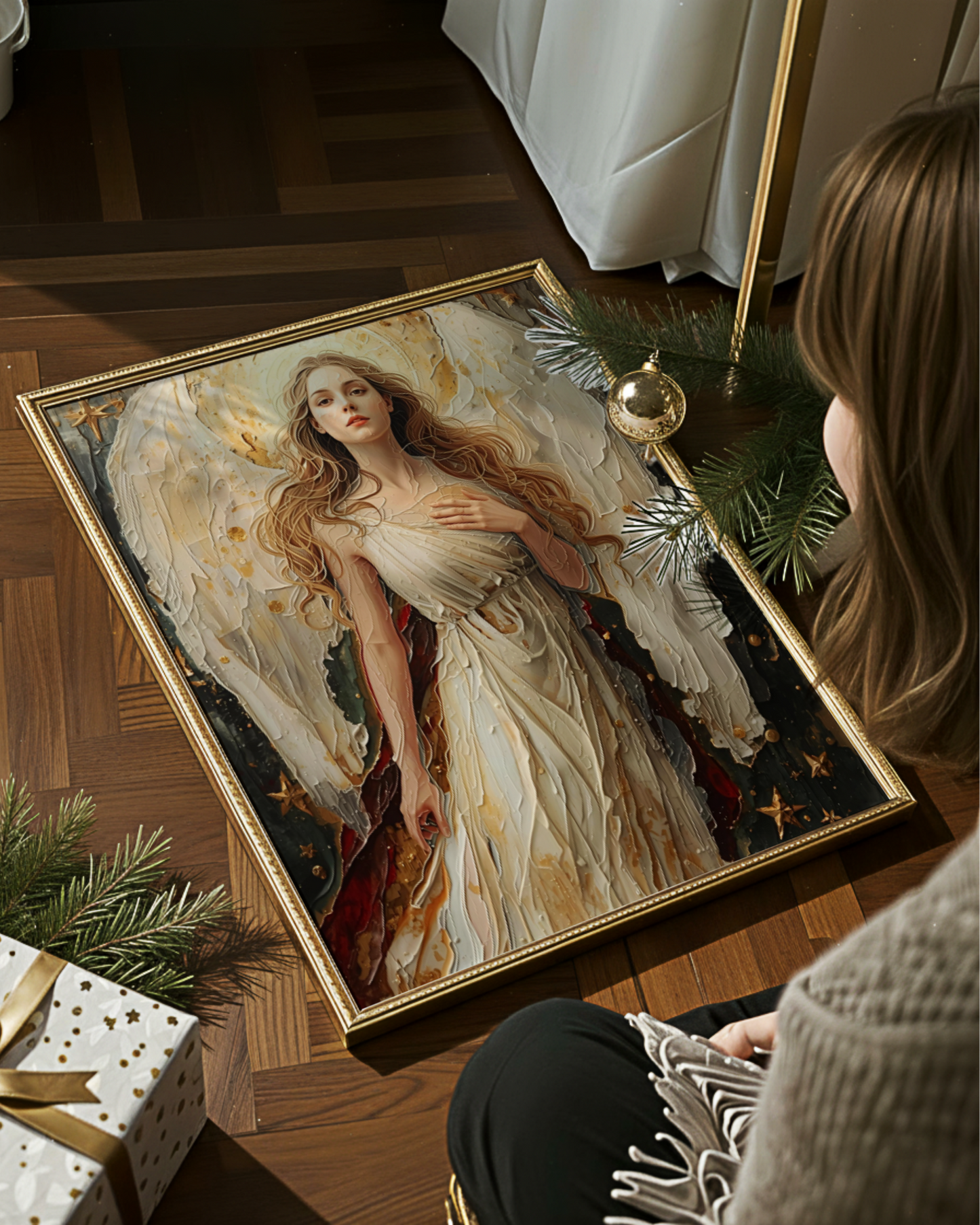 Abstrakter Engel Fine Art Print – leuchtendes Weihnachtsposter mit goldenen und weißen Lichtakzenten. Himmlische Winter Edition Wandkunst voller Ruhe und Eleganz.