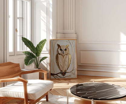Golden Owl, Eulen Poster, Beige Goldene Wandkunst, Animal Print, Wanddekoration, ungerahmt; Wall Art, Home Decor - Hochwertiges Künstlerpapier, seidenmatt
