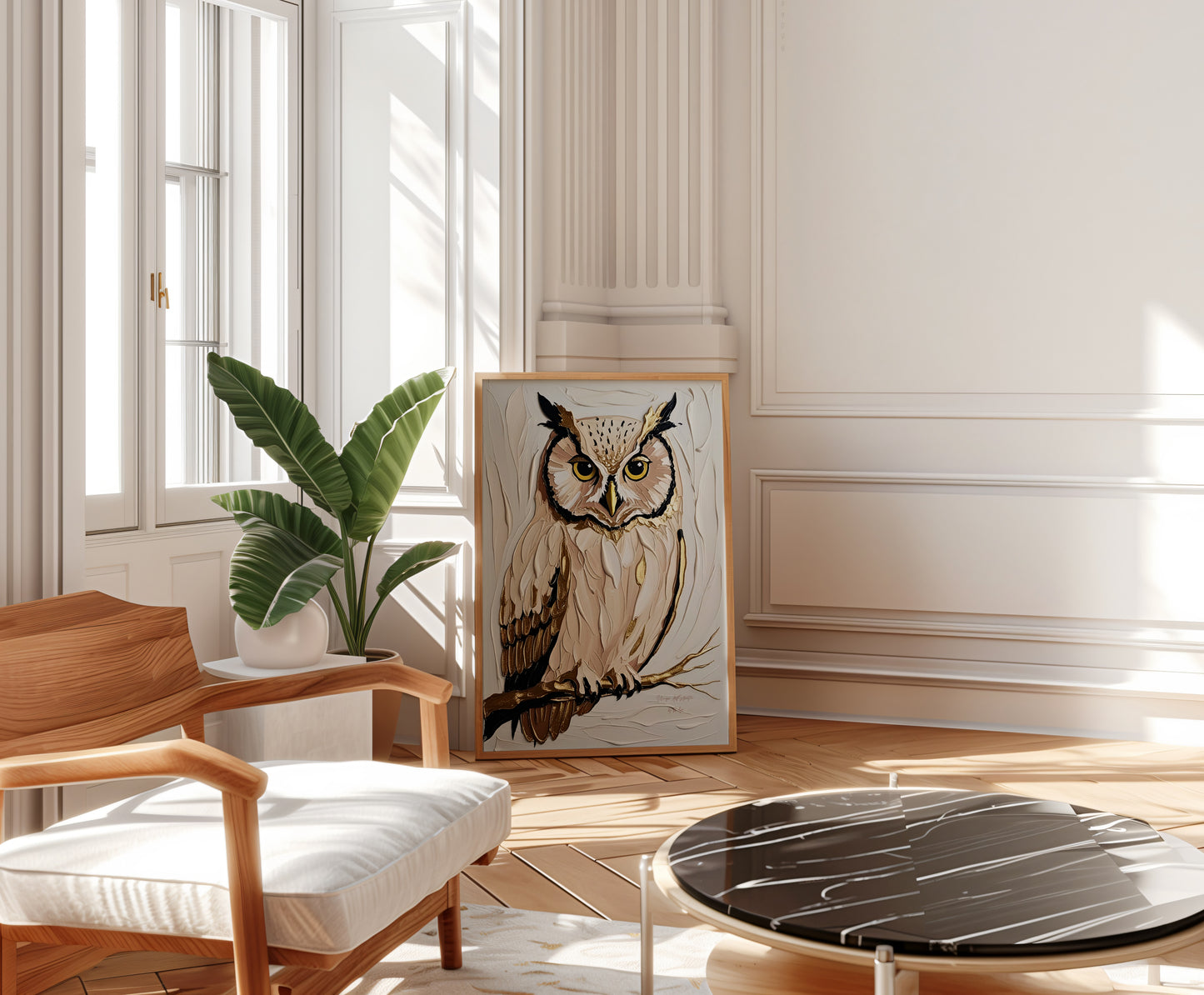 Golden Owl, Eulen Poster, Beige Goldene Wandkunst, Animal Print, Wanddekoration, ungerahmt; Wall Art, Home Decor - Hochwertiges Künstlerpapier, seidenmatt