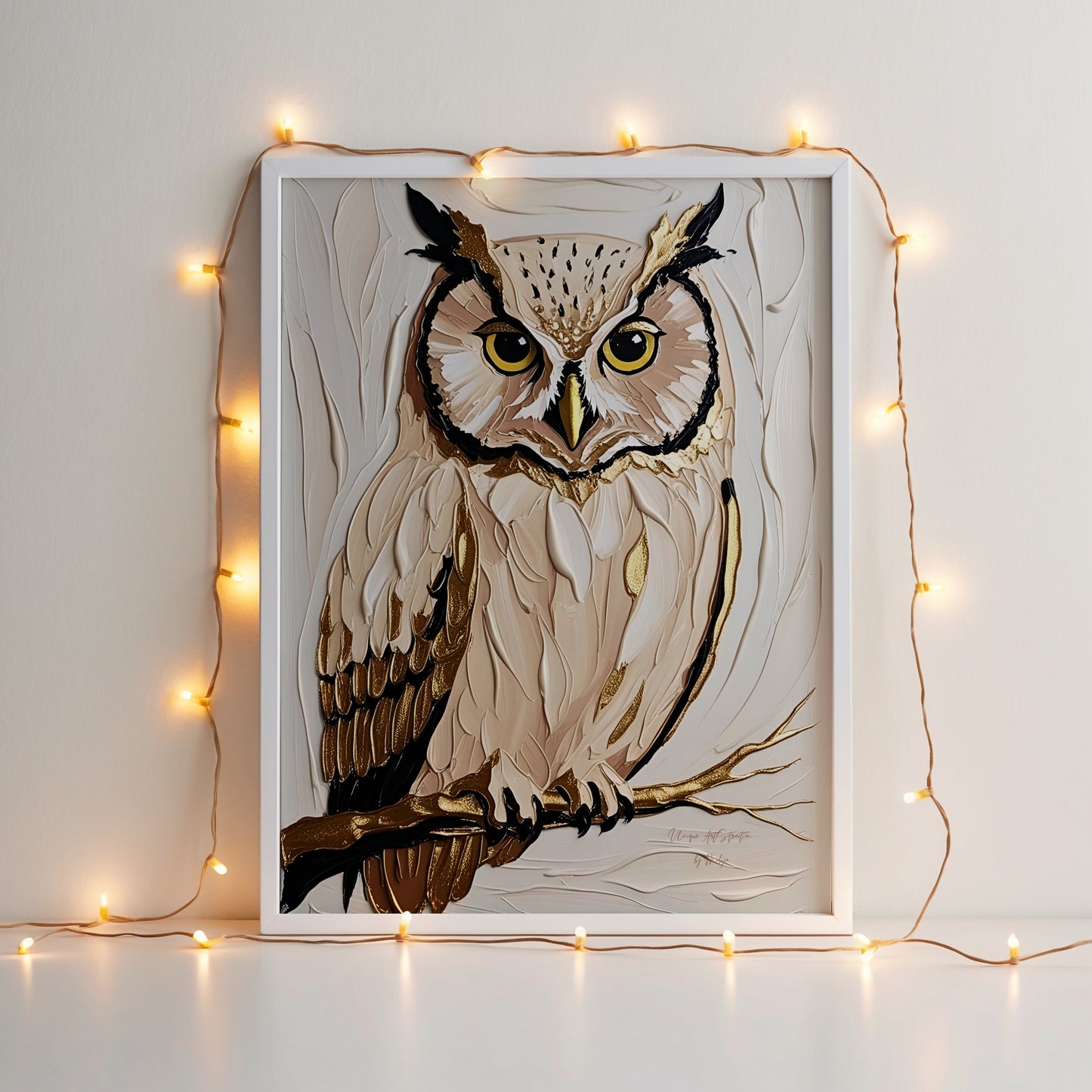 Golden Owl, Eulen Poster, Beige Goldene Wandkunst, Animal Print, Wanddekoration, ungerahmt; Wall Art, Home Decor - Hochwertiges Künstlerpapier, seidenmatt