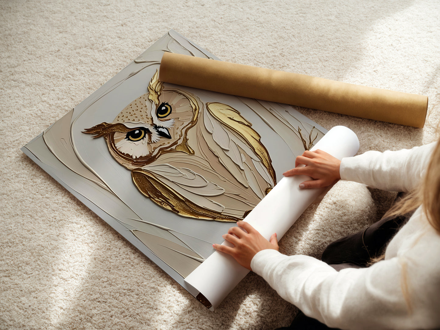Golden Owl, Eulen Poster, Beige Goldene Wandkunst, Animal Print, Wanddekoration, ungerahmt; Wall Art, Home Decor - Hochwertiges Künstlerpapier, seidenmatt