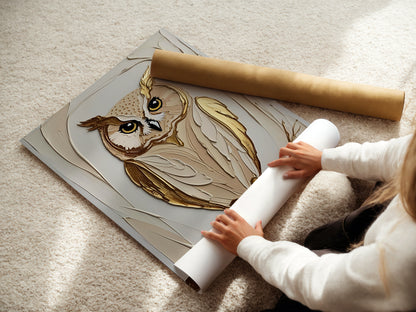 Golden Owl, Eulen Poster, Beige Goldene Wandkunst, Animal Print, Wanddekoration, ungerahmt; Wall Art, Home Decor - Hochwertiges Künstlerpapier, seidenmatt