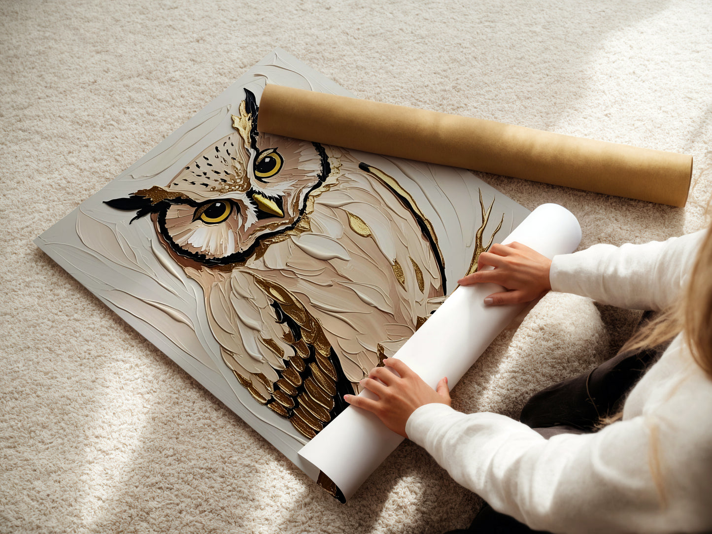 Golden Owl, Eulen Poster, Beige Goldene Wandkunst, Animal Print, Wanddekoration, ungerahmt; Wall Art, Home Decor - Hochwertiges Künstlerpapier, seidenmatt