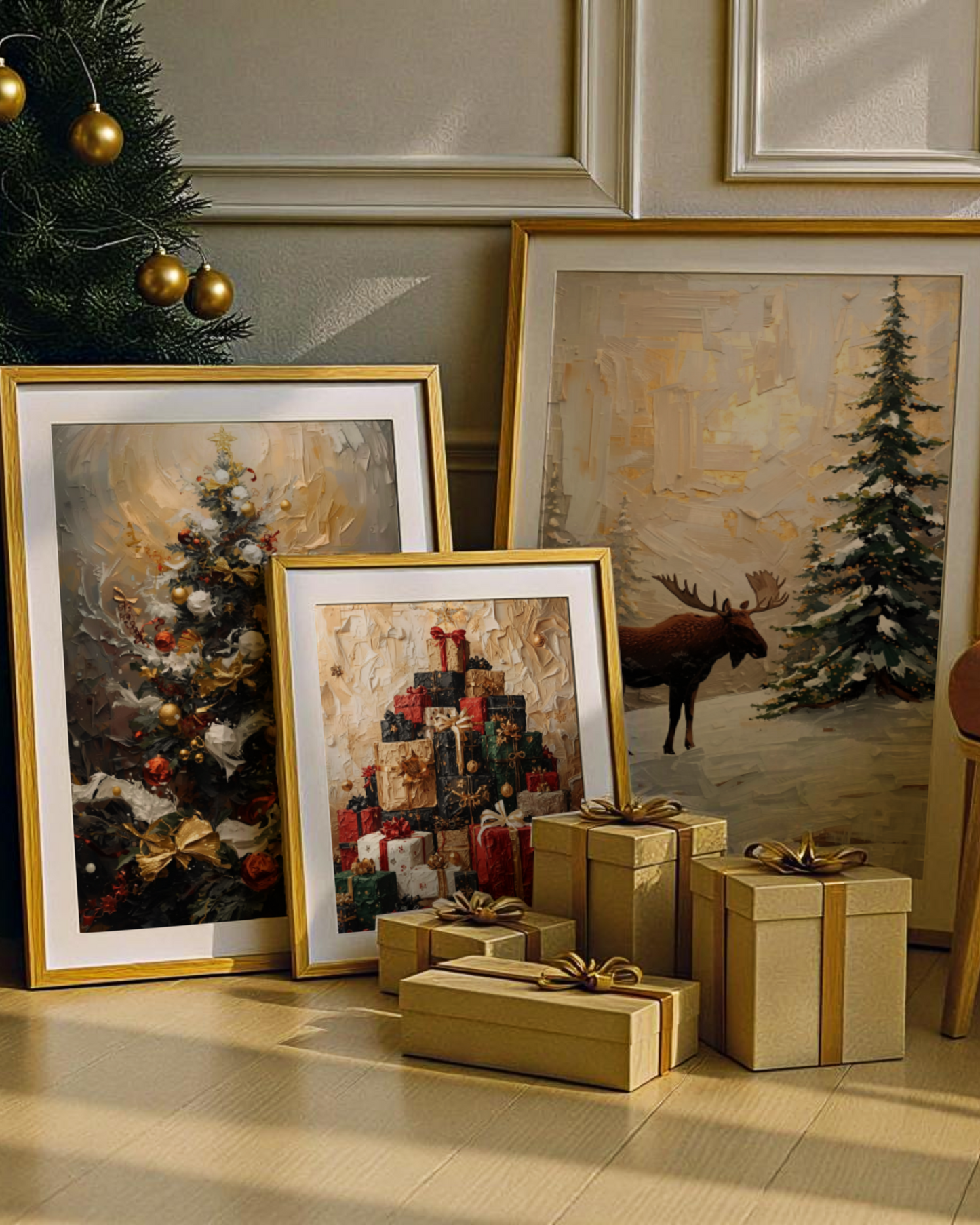 Abstrakter Fine Art Print – leuchtendes Weihnachtsposter mit goldenen und weißen Lichtakzenten. Himmlische Winter Edition Wandkunst voller Ruhe und Eleganz.