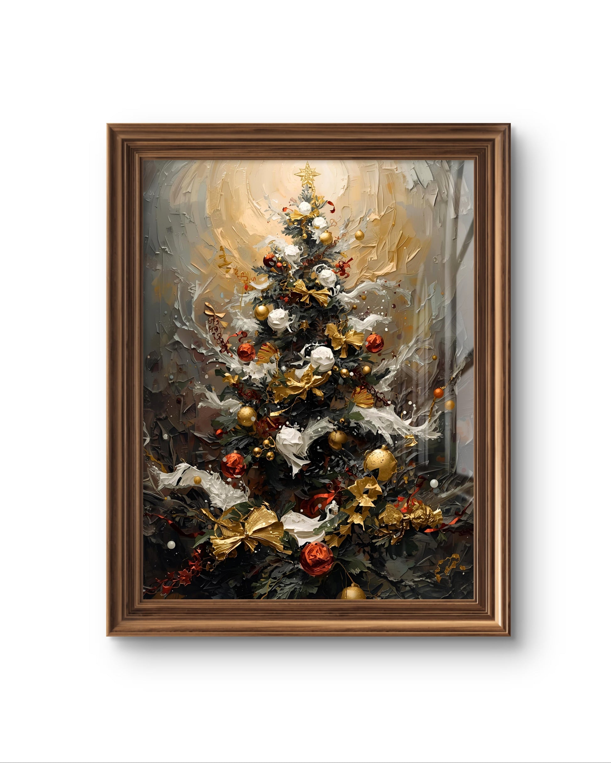 Festlicher Weihnachtsbaum als Fine Art Print – stilvolles Weihnachtsposter mit goldenem Licht, Ornamenten und eleganter Komposition. Moderne Christmas Wall Art Winter Edition für festliche Wohnräume.
