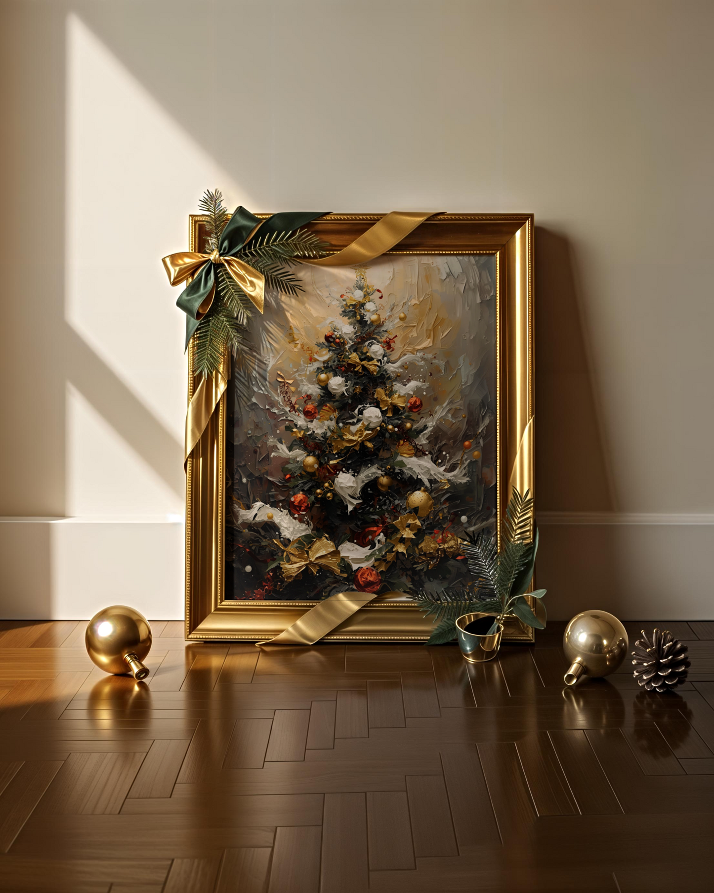 Festlicher Weihnachtsbaum als Fine Art Print – stilvolles Weihnachtsposter mit goldenem Licht, Ornamenten und eleganter Komposition. Moderne Christmas Wall Art Winter Edition für festliche Wohnräume.