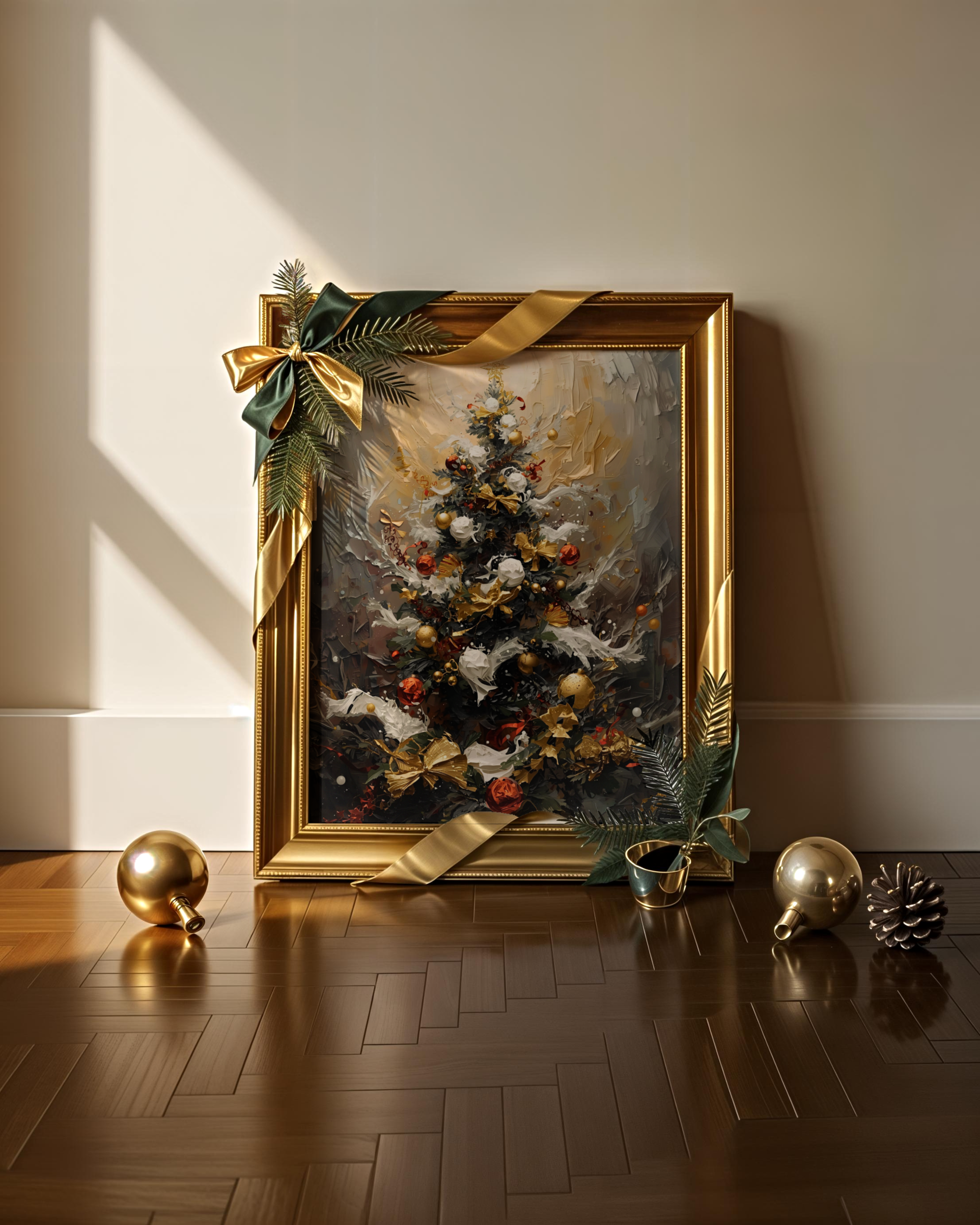 Festlicher Weihnachtsbaum als Fine Art Print – stilvolles Weihnachtsposter mit goldenem Licht, Ornamenten und eleganter Komposition. Moderne Christmas Wall Art Winter Edition für festliche Wohnräume.