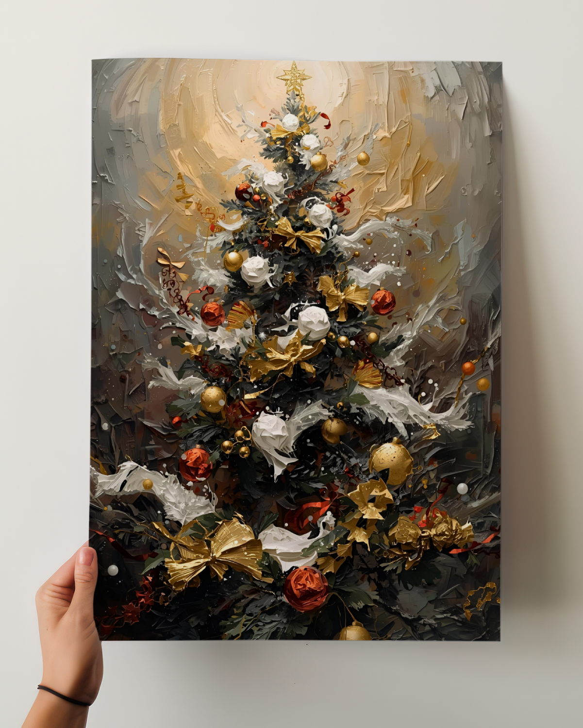 Festlicher Weihnachtsbaum als Fine Art Print – stilvolles Weihnachtsposter mit goldenem Licht, Ornamenten und eleganter Komposition. Moderne Christmas Wall Art Winter Edition für festliche Wohnräume.
