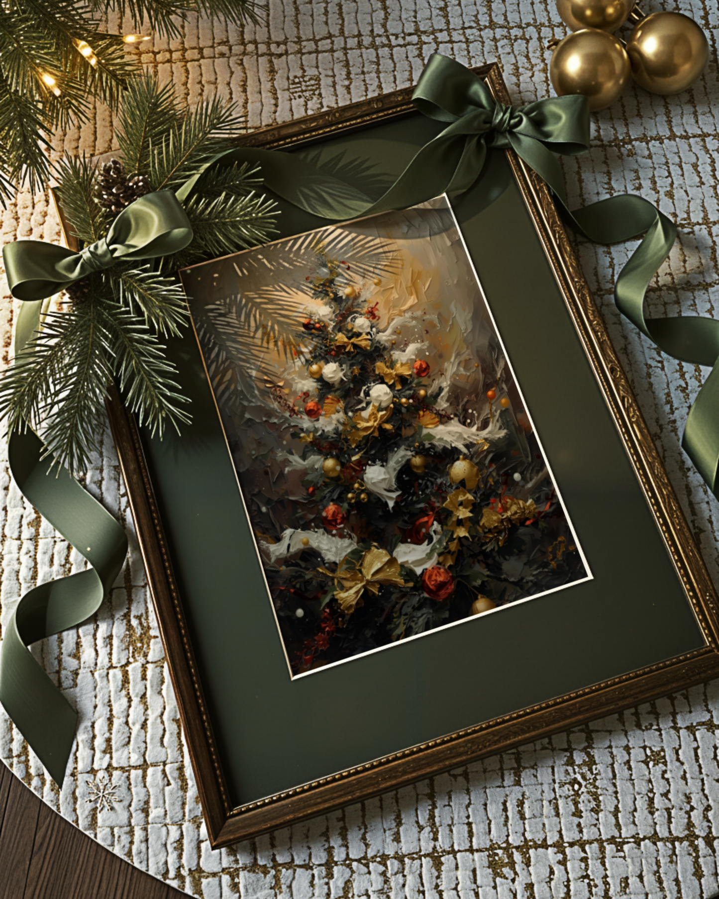 Festlicher Weihnachtsbaum als Fine Art Print – stilvolles Weihnachtsposter mit goldenem Licht, Ornamenten und eleganter Komposition. Moderne Christmas Wall Art Winter Edition für festliche Wohnräume.