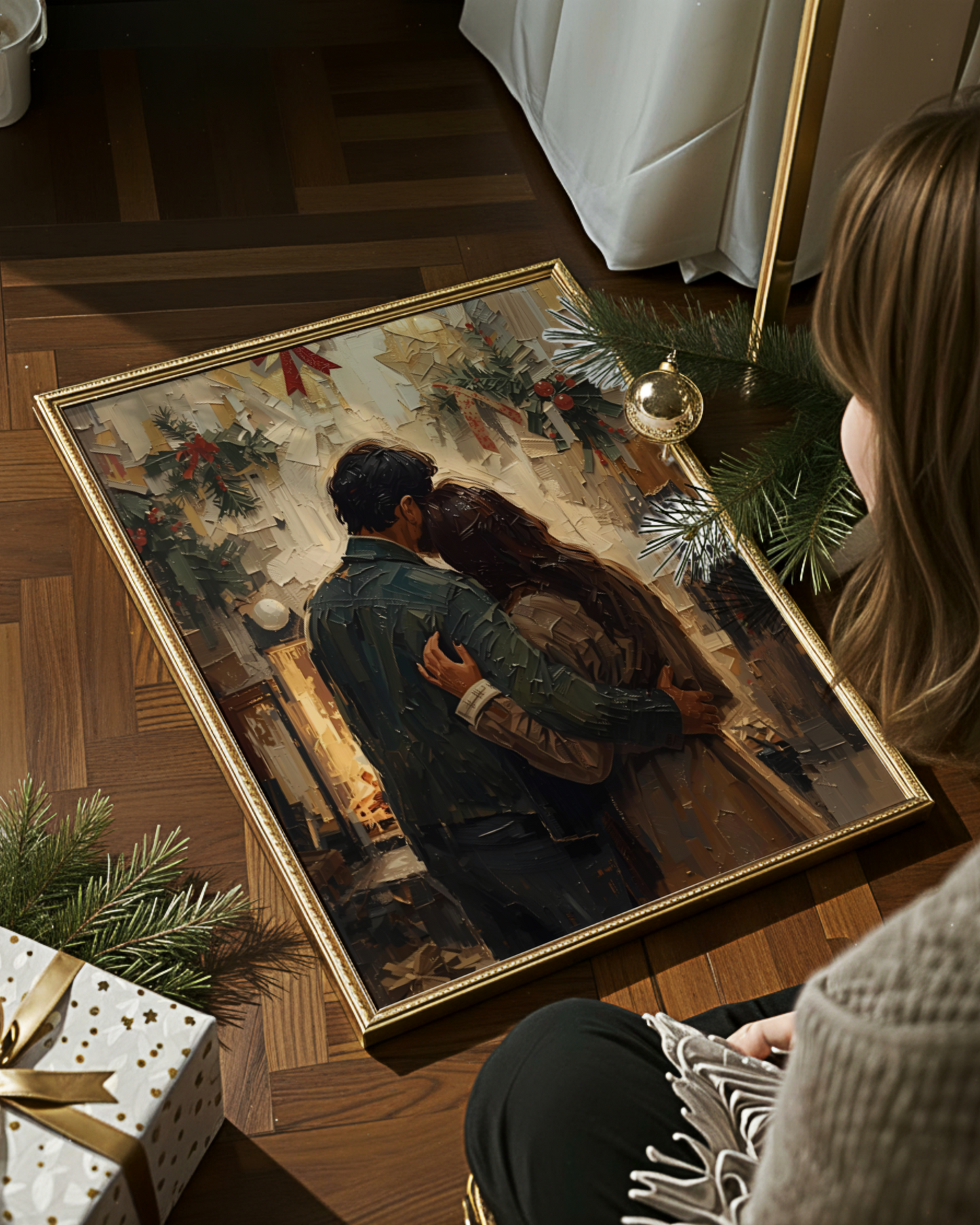 Abstraktes Weihnachtsposter als Fine Art Print mit einem Paar in der Winterzeit. Warmes Licht, sanfte Farben und elegante Formen – moderne Christmas Wall Art voller Zärtlichkeit und festlicher Stimmung.