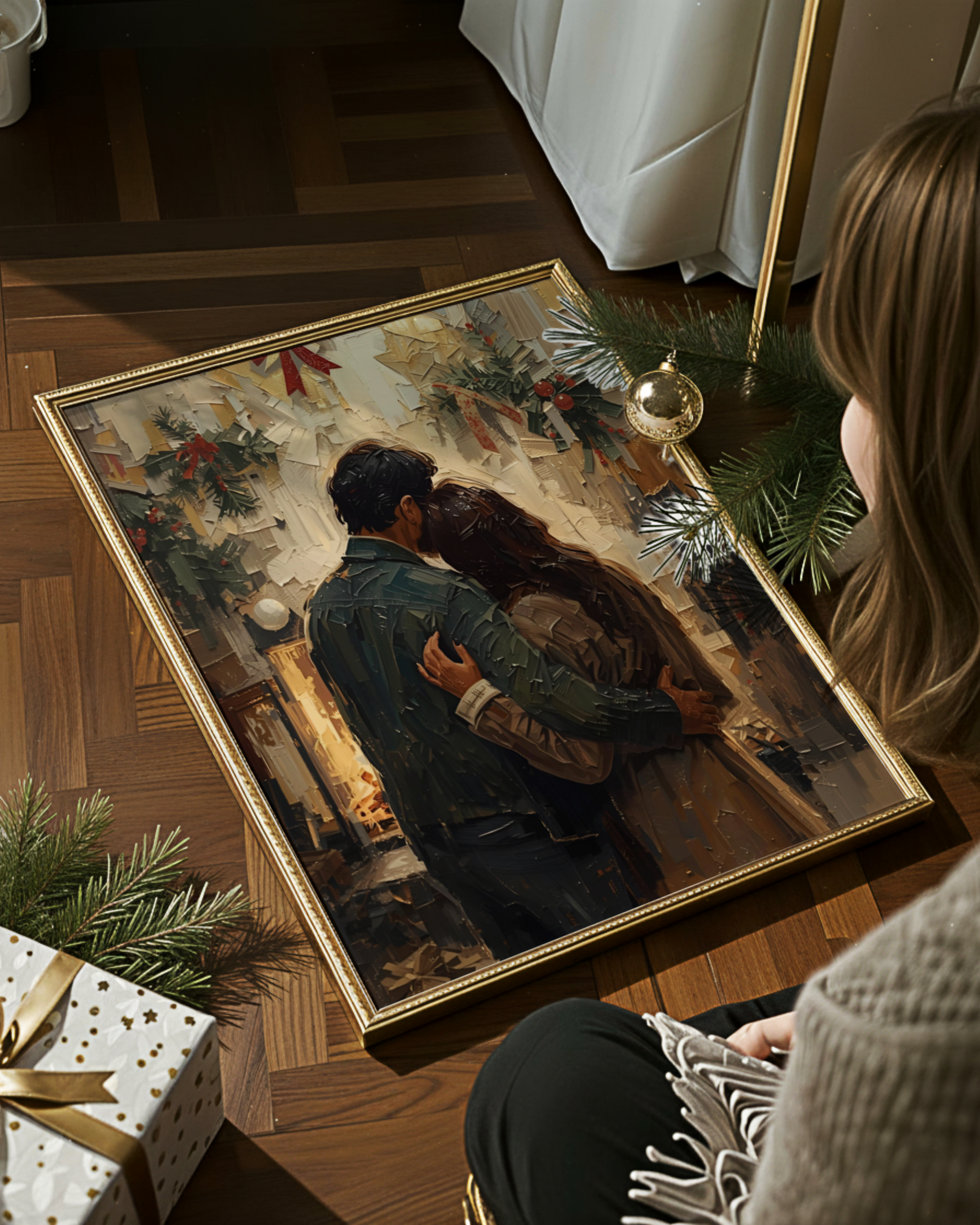 Abstraktes Weihnachtsposter als Fine Art Print mit einem Paar in der Winterzeit. Warmes Licht, sanfte Farben und elegante Formen – moderne Christmas Wall Art voller Zärtlichkeit und festlicher Stimmung.