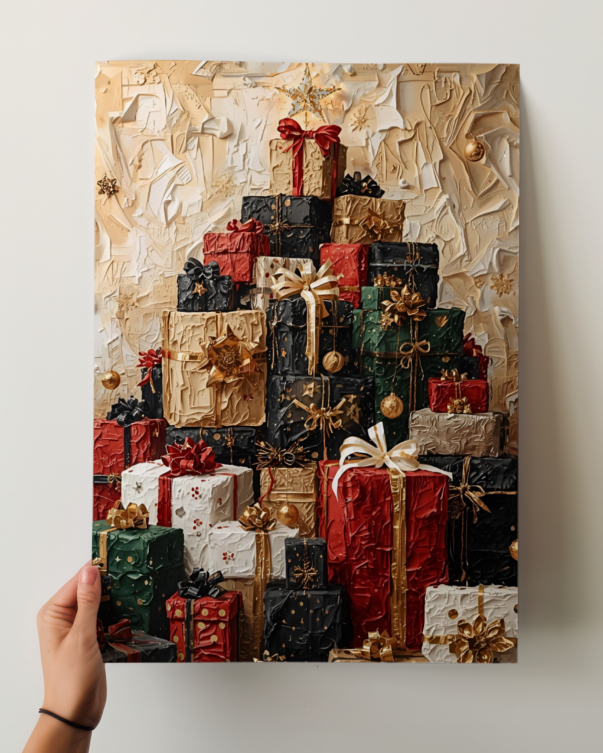 Modernes Weihnachtsposter als Fine Art Print – abstrakter Berg aus festlichen Geschenken in warmen Goldtönen. Edle Weihnachtskunst für stilvolle Interior-Dekoration.