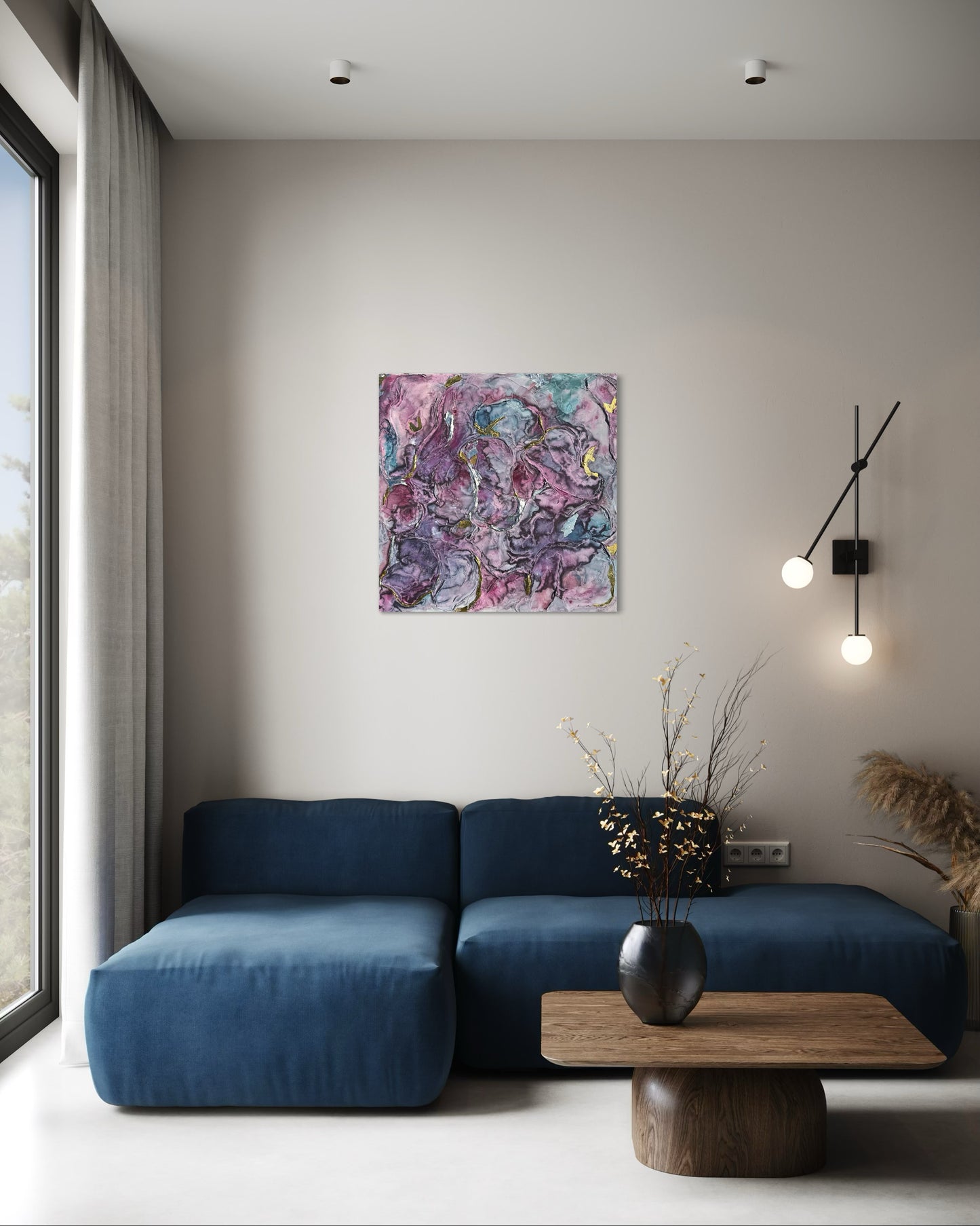 Purple Love, dreidimensionale Acrylmalerei auf Leinwand, 80x80 cm, ungerahmt