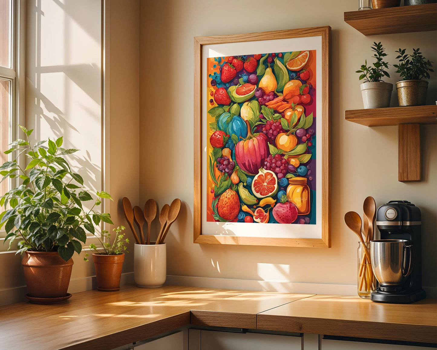 Mass of Fruits, Buntes Abstraktes Früchte Poster , Kunstdruck für Küche oder Esszimmer, ungerahmt – Hochwertiges Künstlerpapier, seidenmatt