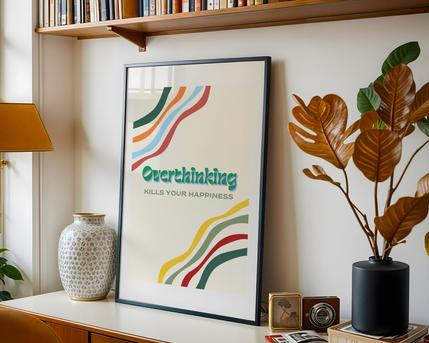 Overthinking kills your happiness Poster, Retro Print, Sprüche Kunstdruck, ungerahmt - Hochwertiges Künstlerpapier, seidenmatt