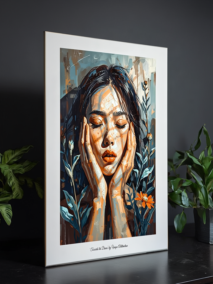 'Towards the Dawn' Feminines Porträt Poster über Entschlossenheit auf Staffelei mit Pflanzen, perfekte Wandkunst für Empowerment-Dekor