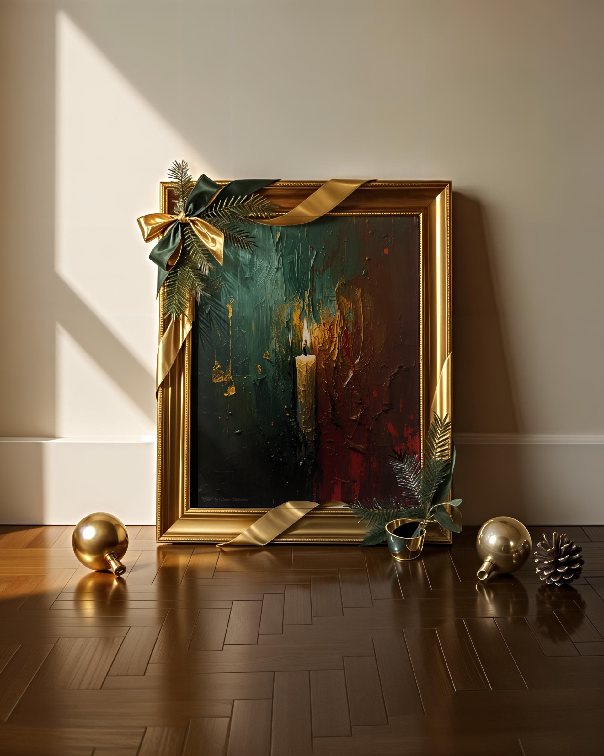 Abstraktes Winterposter einer Kerze in der Dunkelheit – moderne Kunst von Unique ArtStraction, inspiriert von Stille, Klarheit und innerer Ruhe im Winter, Weihnachts Dekoration, Winter Dekoration, Poster