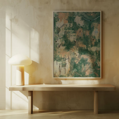 'Green in Harmony' Poster, Grün Beige Silberne Wandkunst, Elegante Wanddeko, Abstrakte Kunst - Hochwertiges Künstlerpapier, seidenmatt