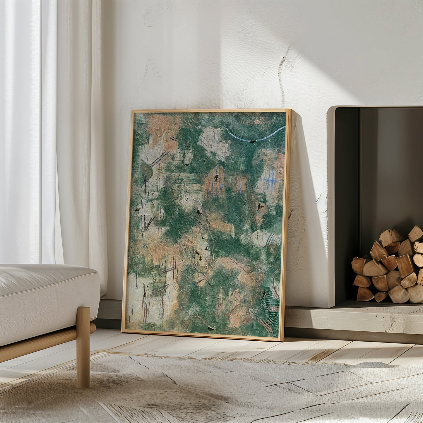 'Green in Harmony' Poster, Grün Beige Silberne Wandkunst, Elegante Wanddeko, Abstrakte Kunst - Hochwertiges Künstlerpapier, seidenmatt
